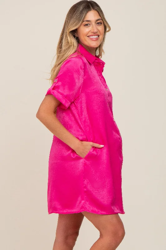 Fuchsia Satin Button Front Short Sleeve Maternity Dress