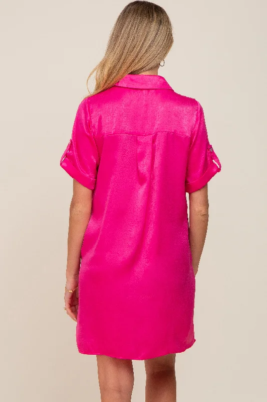 Fuchsia Satin Button Front Short Sleeve Maternity Dress