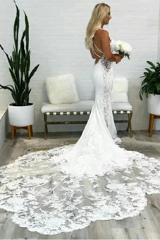 Gorgeous Mermaid Deep V Neck Backless Lace Wedding Dresses WD701