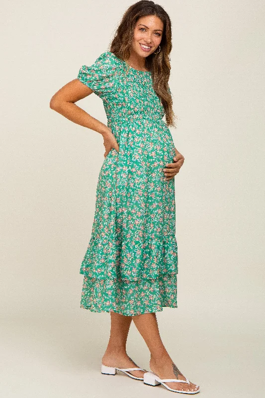 Green Floral Smocked Layered Maternity Midi Dress