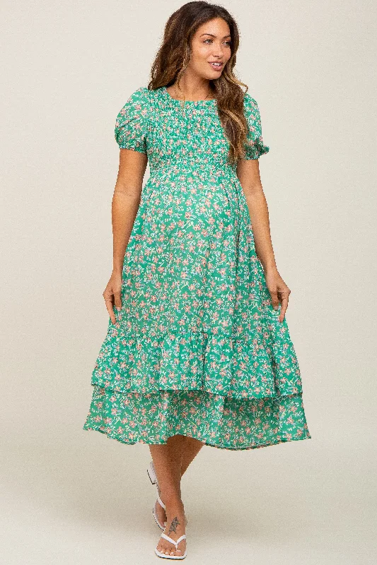 Green Floral Smocked Layered Maternity Midi Dress