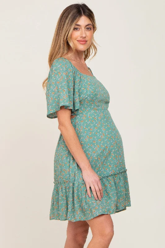 Green Floral Square Neck Smocked Open Back Maternity Dress