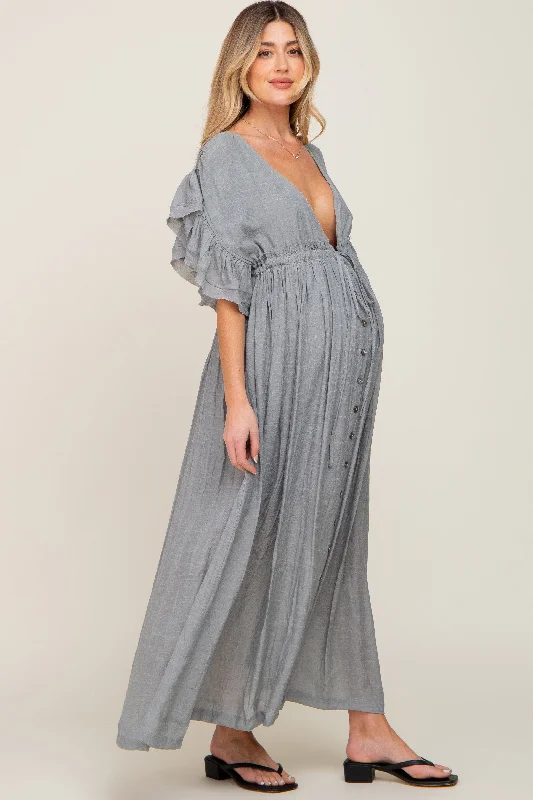 Grey Deep V-Neck Button Down Maternity Maxi Dress