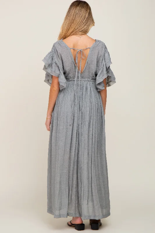 Grey Deep V-Neck Button Down Maternity Maxi Dress