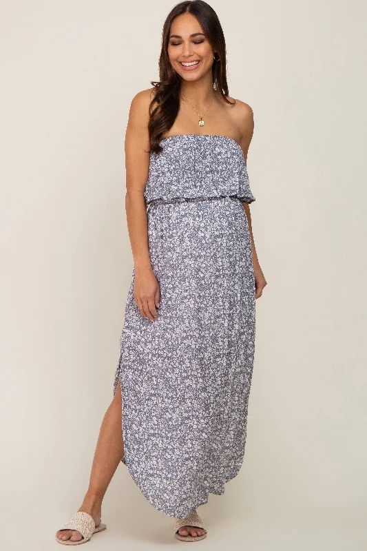 Grey Floral Strapless Hi-Lo Maternity Midi Dress