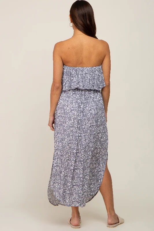 Grey Floral Strapless Hi-Lo Maternity Midi Dress