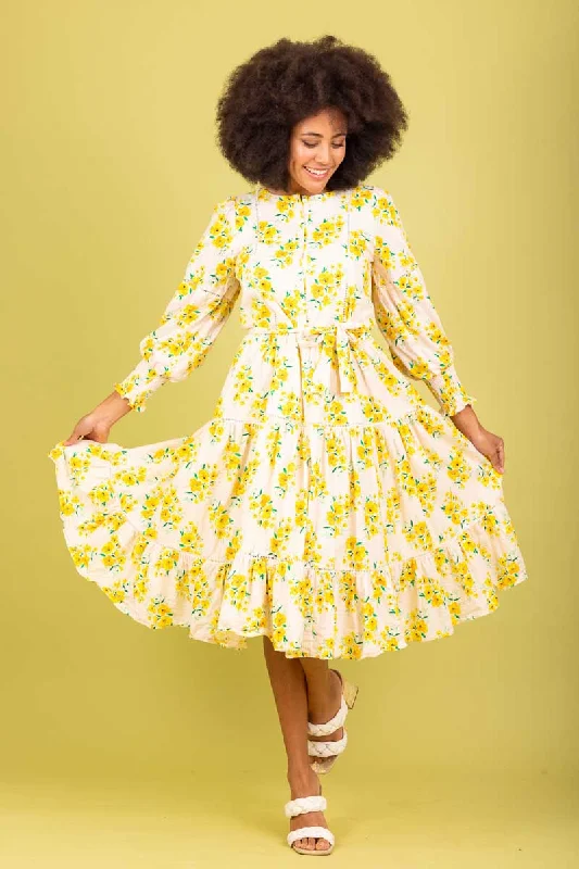 Hazel Tiered Midi Dress Yellow Floral