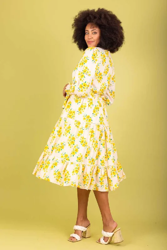 Hazel Tiered Midi Dress Yellow Floral