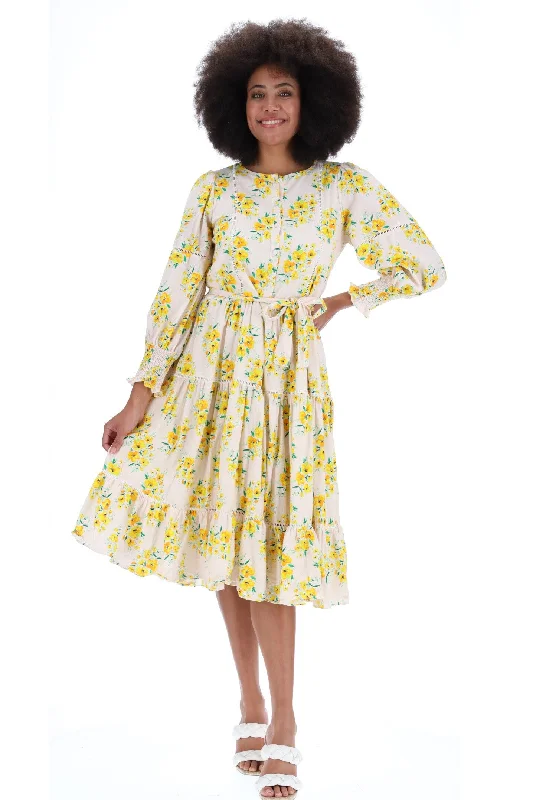 Hazel Tiered Midi Dress Yellow Floral