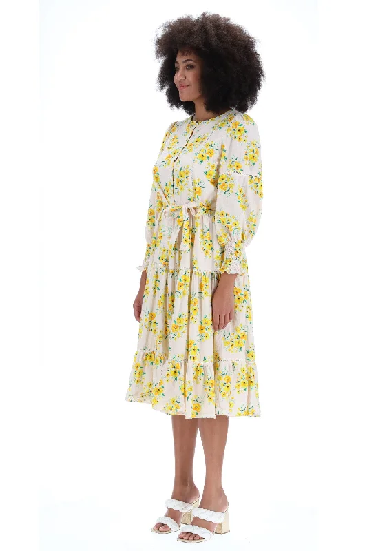 Hazel Tiered Midi Dress Yellow Floral