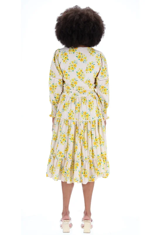 Hazel Tiered Midi Dress Yellow Floral