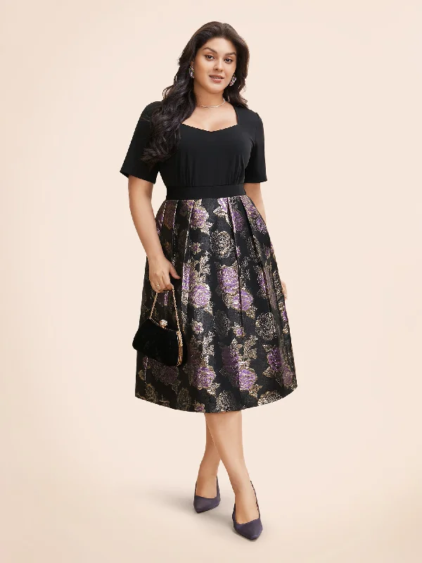 Heart Neckline Floral Patchwork Texture Dress