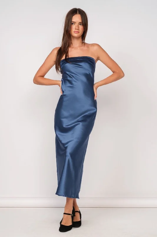 Irene Navy Satin Strapless Maxi Dress