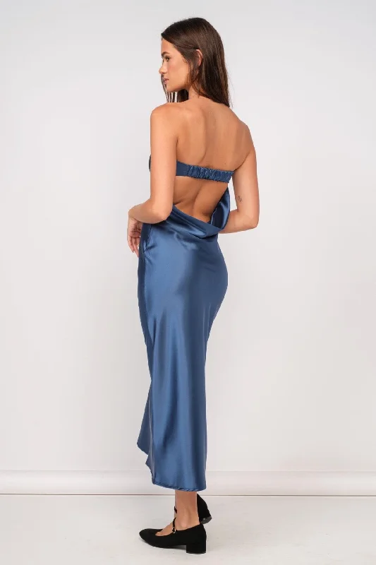 Irene Navy Satin Strapless Maxi Dress