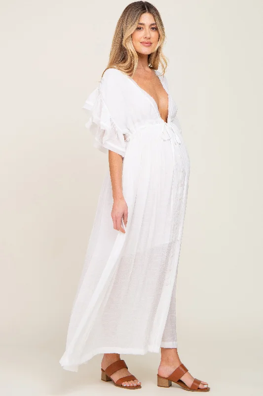 Ivory Deep V-Neck Button Down Maternity Maxi Dress