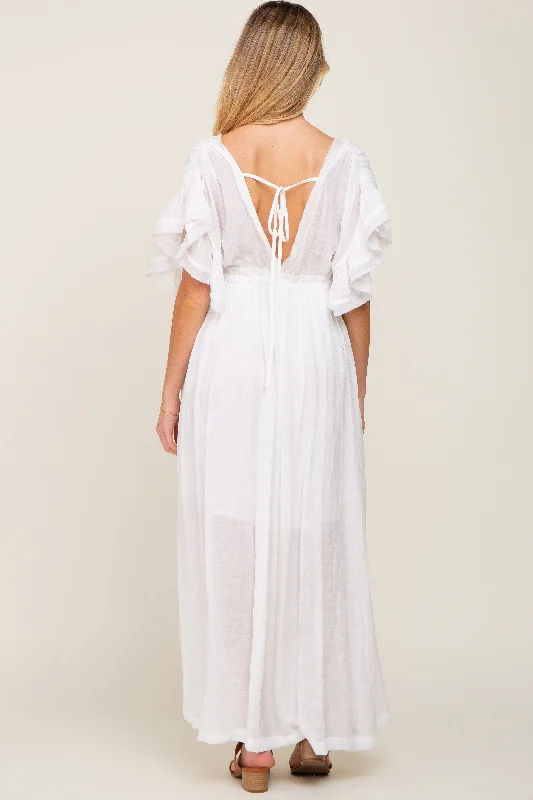 Ivory Deep V-Neck Button Down Maternity Maxi Dress