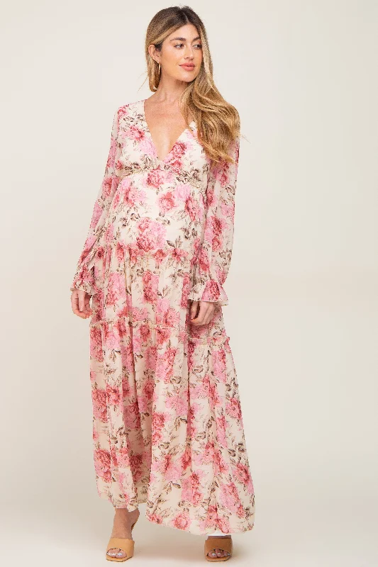 Ivory Floral Chiffon Ruffle Tiered Maternity Maxi Dress