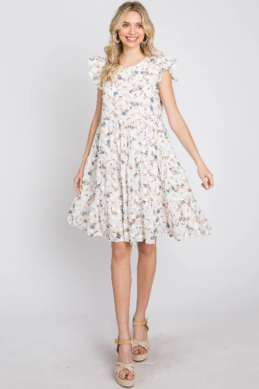 Ivory Floral Embroidered Tiered Maternity Dress