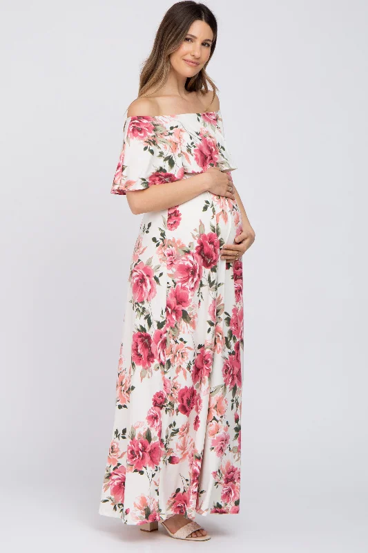 Ivory Floral Off Shoulder Flounce Maternity Maxi Dress