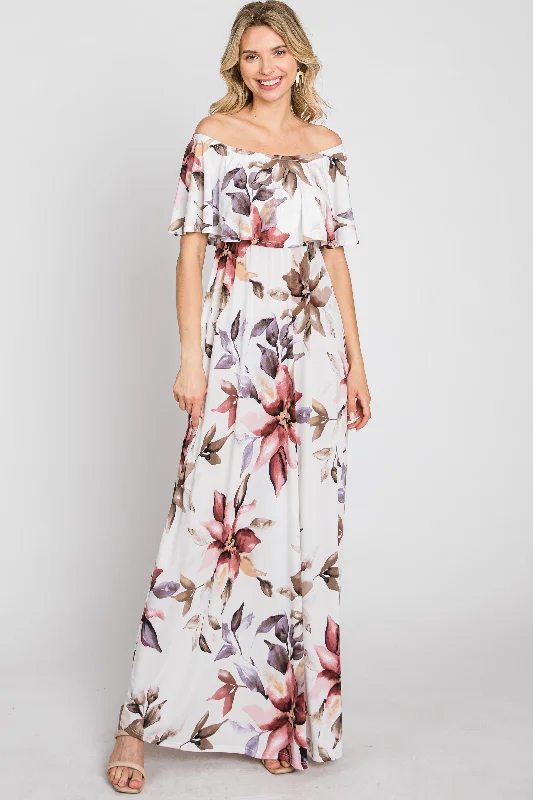 Ivory Floral Off Shoulder Maternity Maxi Dress