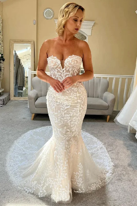 Ivory Lace Strapless Mermaid Wedding Dress Lace Bridal Gown WD707