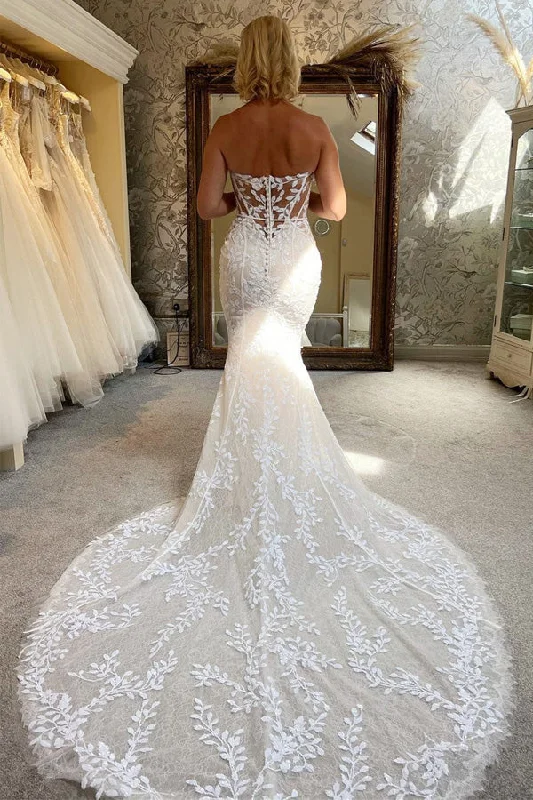 Ivory Lace Strapless Mermaid Wedding Dress Lace Bridal Gown WD707