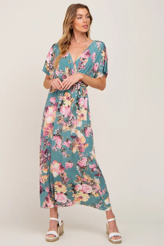 Jade Floral Wrap Front Waist Tie Maternity Maxi Dress