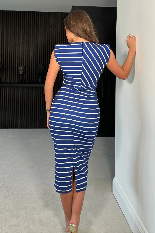 Kari Cobalt Striped Ruched Shoulder Pad Midi Dress