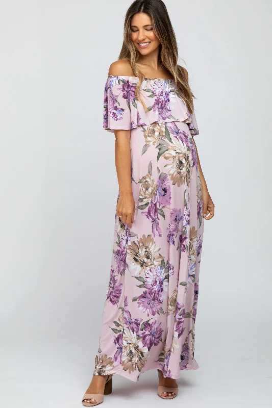 Lavender Floral Flounce Off Shoulder Maternity Maxi Dress