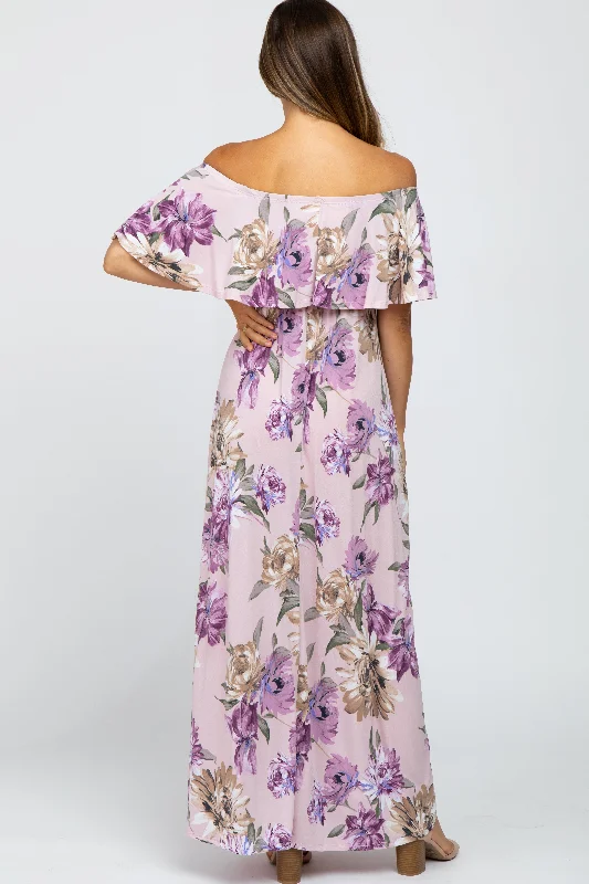 Lavender Floral Flounce Off Shoulder Maternity Maxi Dress