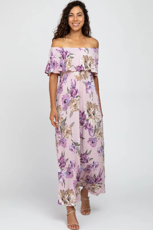 Lavender Floral Flounce Off Shoulder Maternity Maxi Dress