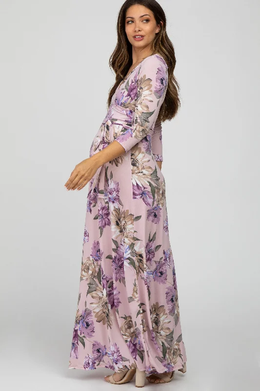 Lavender Floral Maternity Wrap Maxi Dress