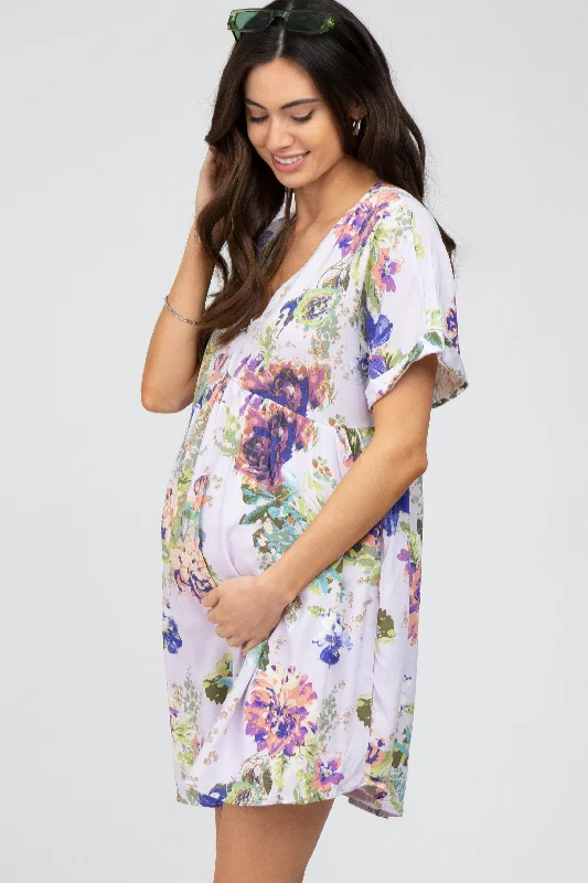 Lavender Floral V-Neck Maternity Dress