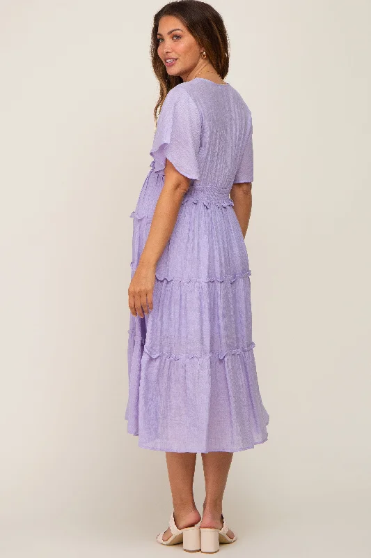 Lavender Ruffle Tiered V-Neck Maternity Midi Dress