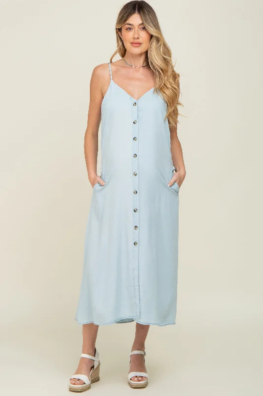 Light Blue Button Down Maternity Midi Tank Dress