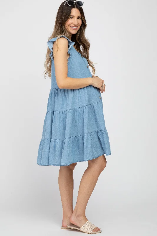 Light Blue Chambray Tiered Button Accent Maternity Dress