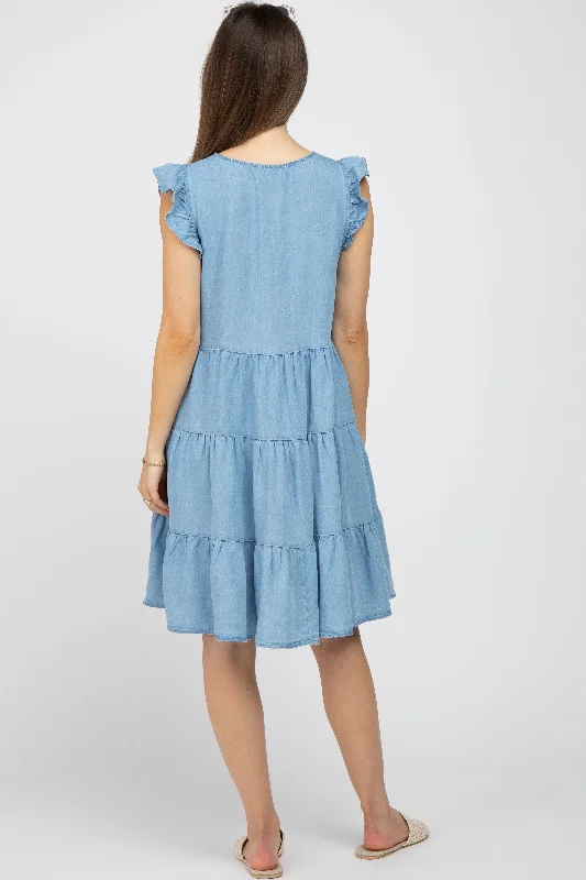 Light Blue Chambray Tiered Button Accent Maternity Dress