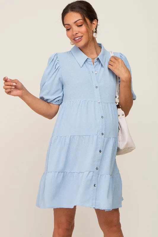 Light Blue Collared Button Front Tiered Maternity Dress