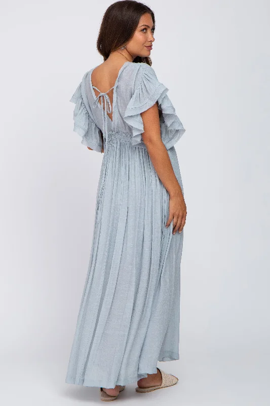 Light Blue Deep V-Neck Button Down Maternity Maxi Dress