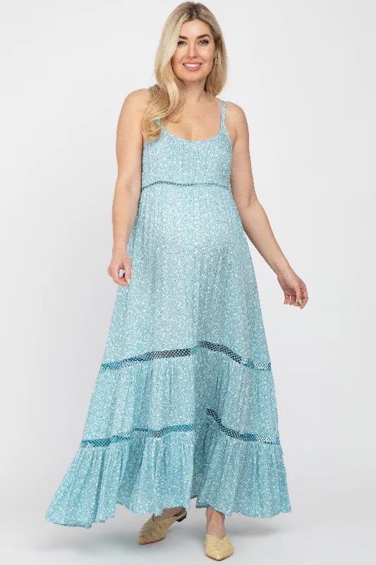 Light Blue Ditsy Floral Crochet Accent Maternity Maxi Dress