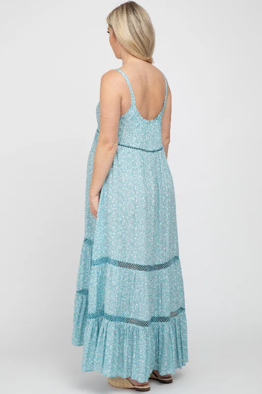 Light Blue Ditsy Floral Crochet Accent Maternity Maxi Dress