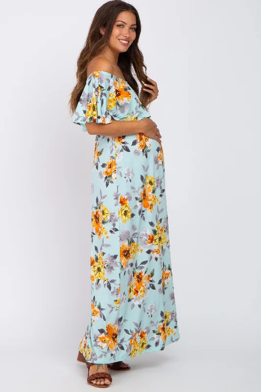 Light Blue Floral Off Shoulder Maternity Maxi Dress