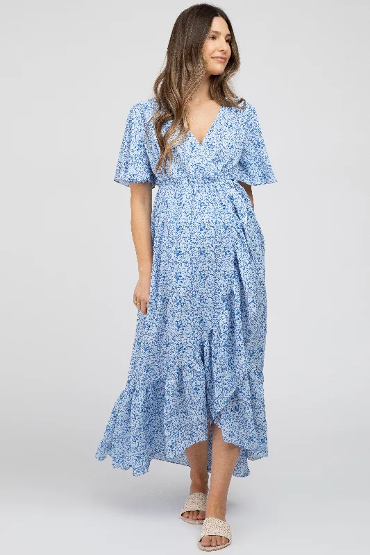 Light Blue Floral Wrap Maternity Midi Dress