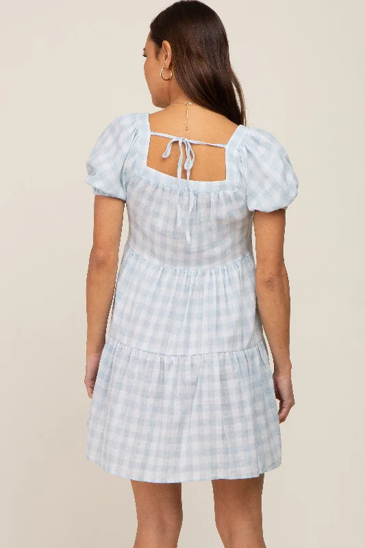 Light Blue Gingham Square Neck Button Front Maternity Dress