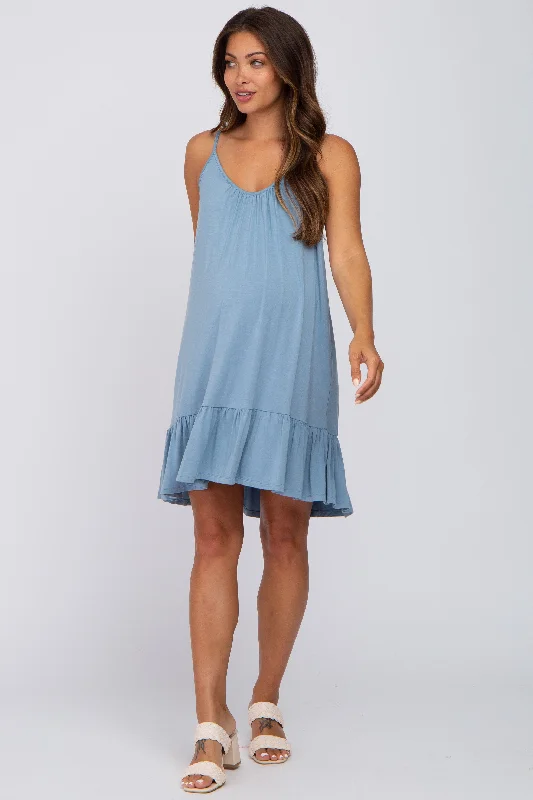 Light Blue Ruffle Hem Maternity Swing Dress