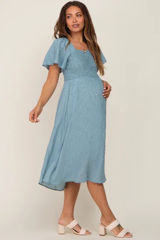 Light Blue Smocked Square Neck Flutter Short Sleeve Maternity Midi Dress