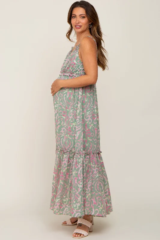 Light Olive Chiffon V-Neck Ruffle Tiered Maternity Maxi Dress