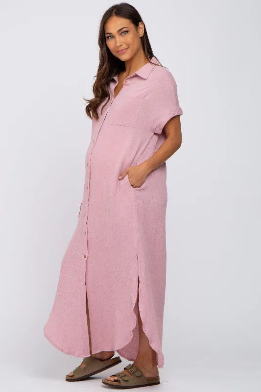 Light Pink Button Down Maternity Midi Dress