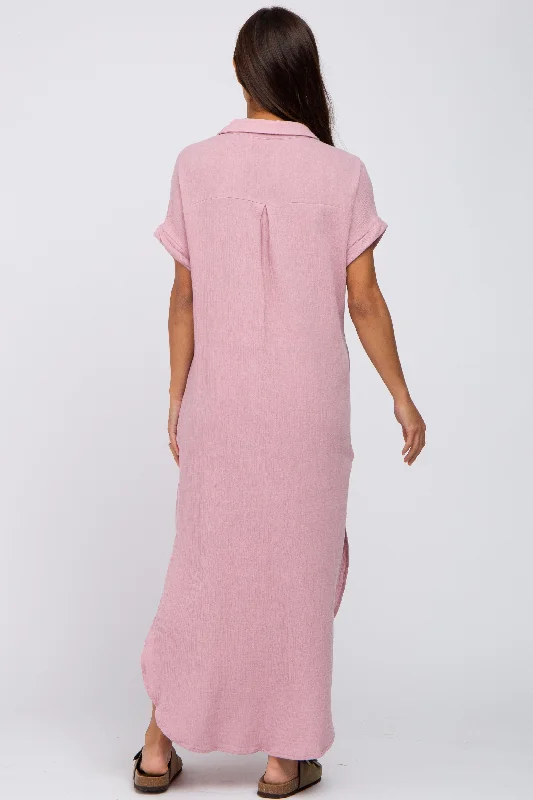 Light Pink Button Down Maternity Midi Dress