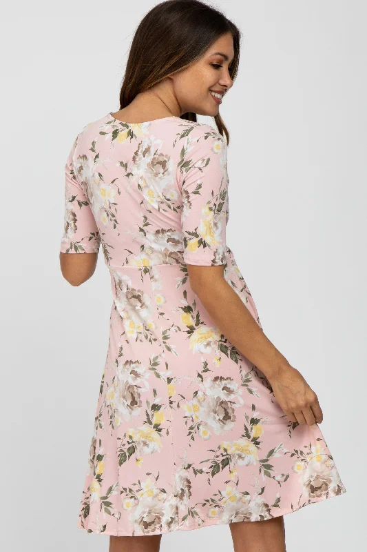 Light Pink Floral Waist Tie Maternity Dress